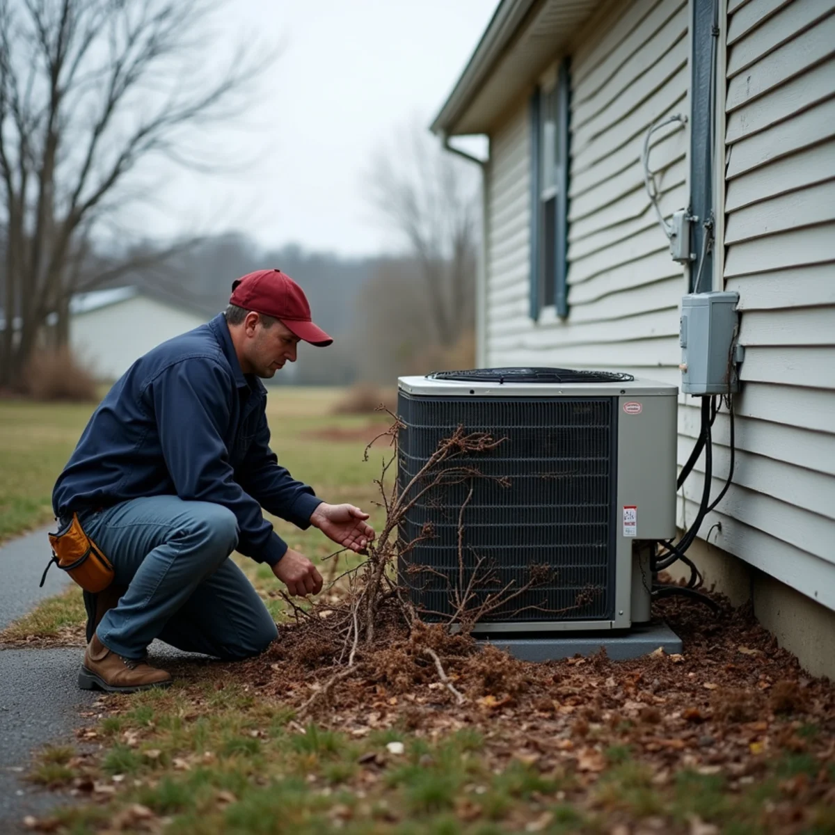 Storm-damaged outdoor HVAC unit being inspected after severe weather in southern Kentucky