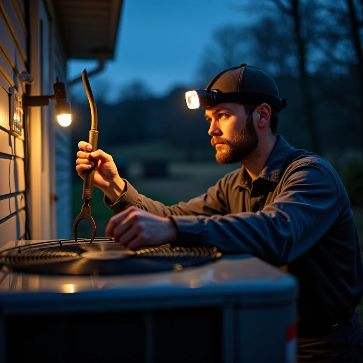 HVAC technician on a 24/7 emergency call working on an outdoor unit at night in Somerset, KY