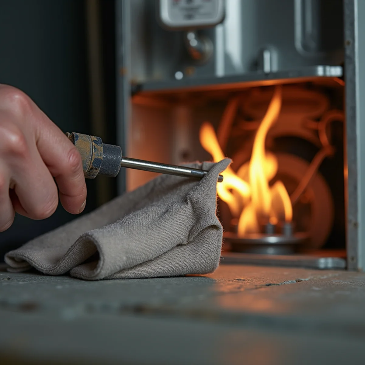 Technician cleaning a furnace flame sensor during a no-heat repair in Somerset, KY