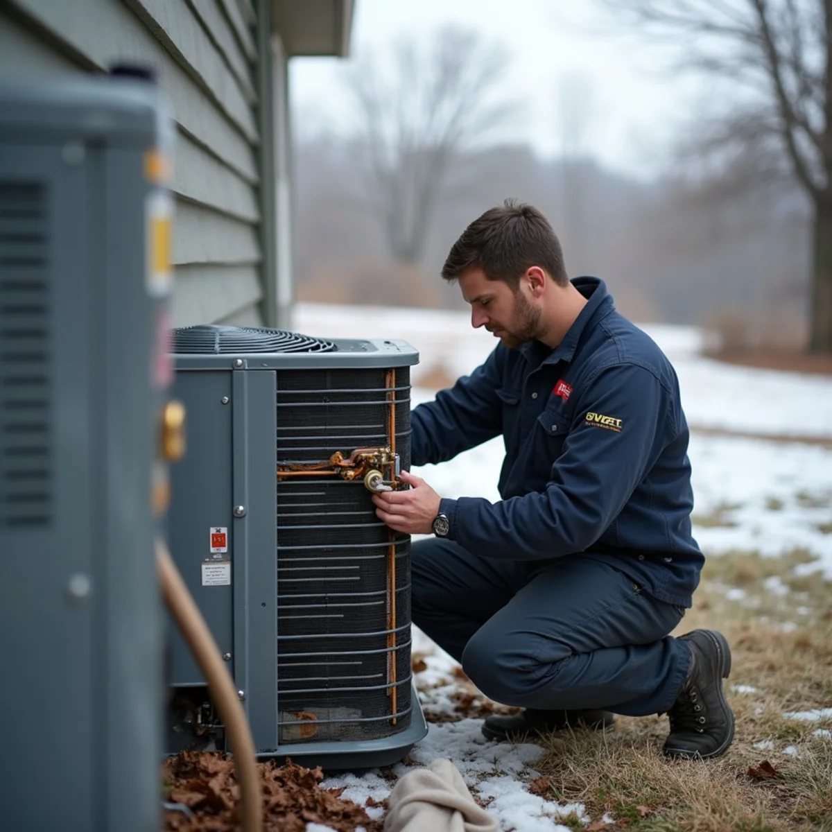 Technician diagnosing an iced-over heat pump outdoor unit in a southern Kentucky winter