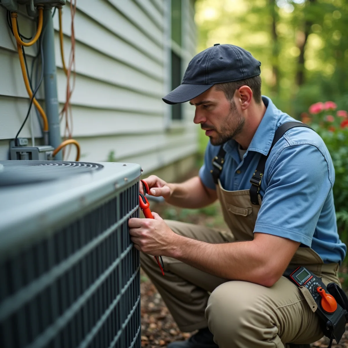 Licensed HVAC technician servicing an outdoor air conditioner at a Somerset, KY home