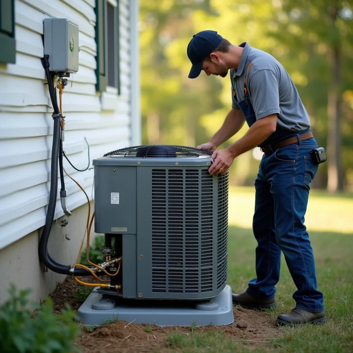 New outdoor condenser being set and connected during an HVAC installation in Somerset, KY