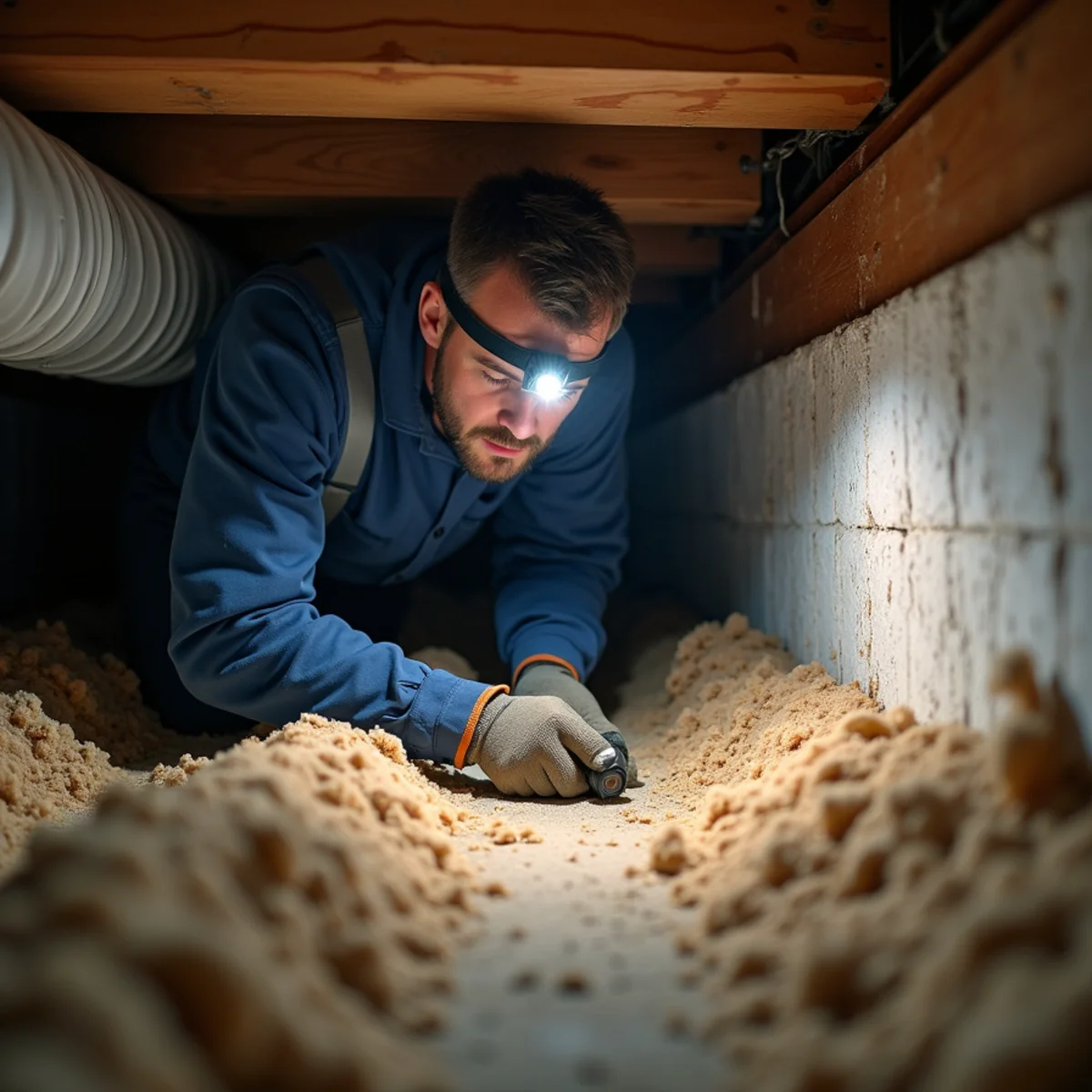 Technician inspecting ductwork in a Kentucky home crawl space before a system replacement