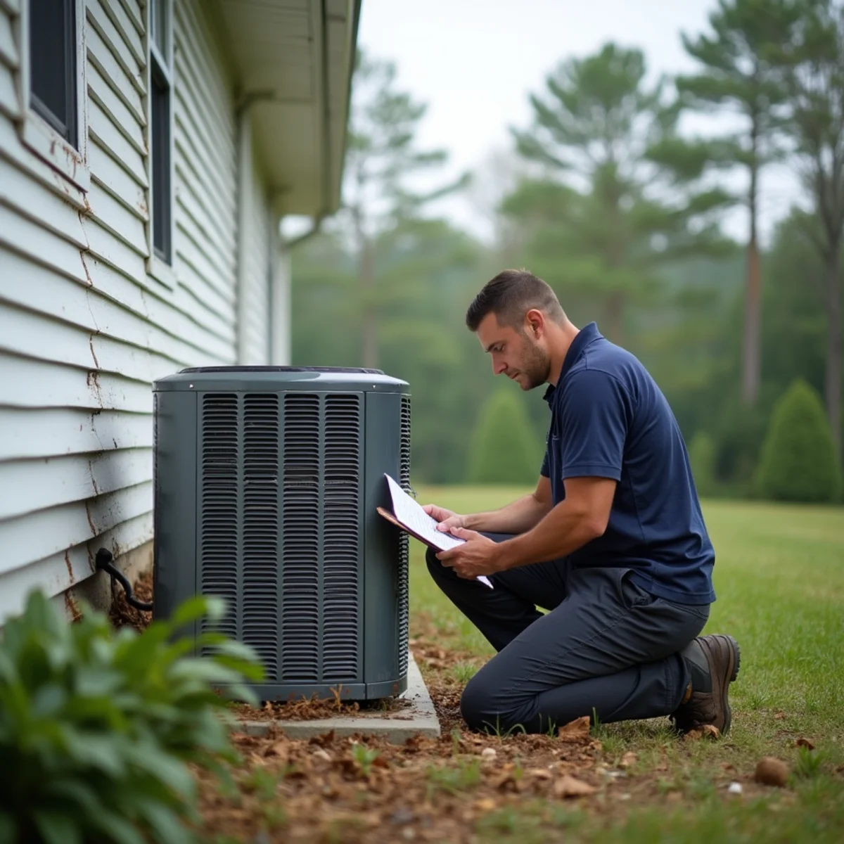 Technician inspecting a storm-damaged outdoor HVAC unit beside a rebuilt home in London, KY