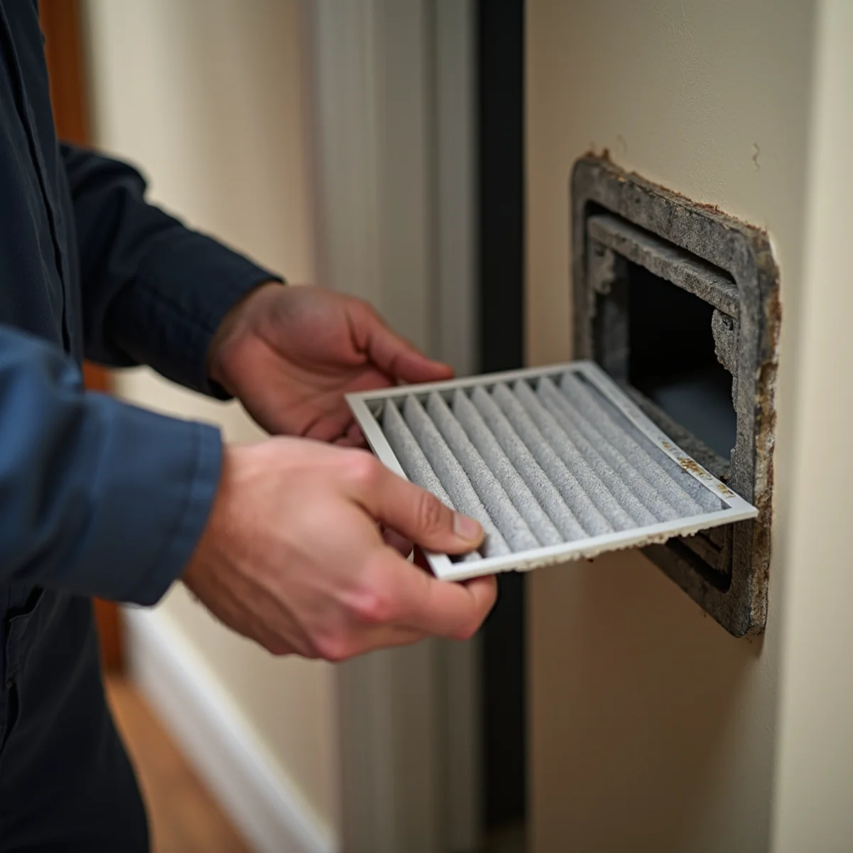 Hands pulling a clogged air filter from a furnace during a no-heat check