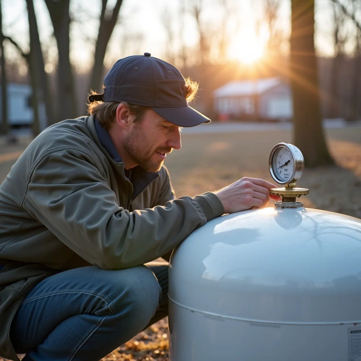 Homeowner reading the gauge on a residential propane tank at a rural Kentucky home