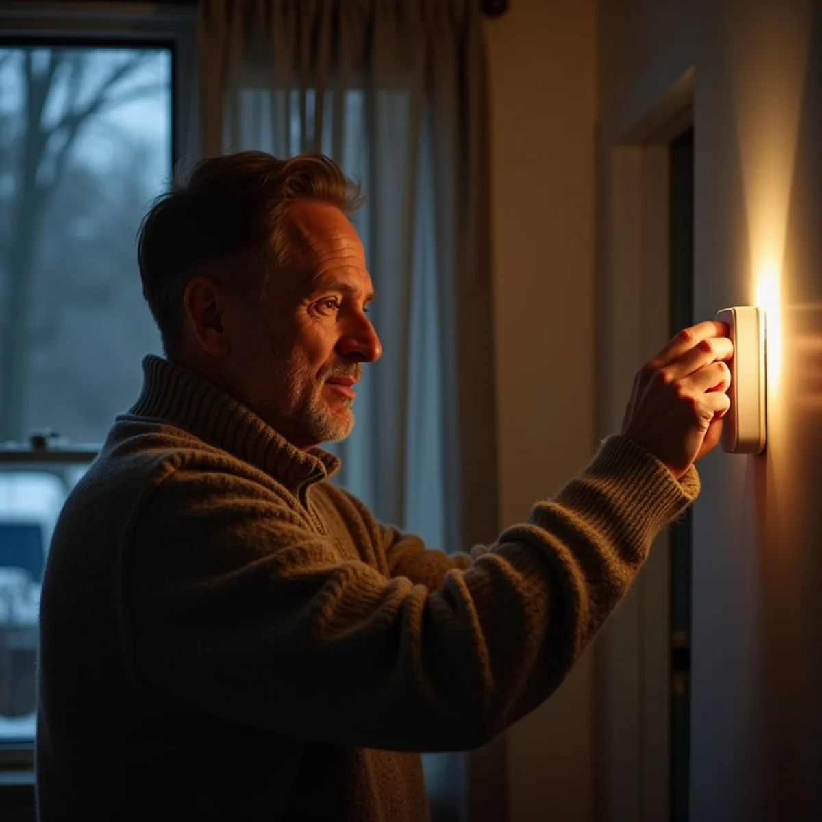 Homeowner checking a thermostat during a no-heat night before calling for furnace repair